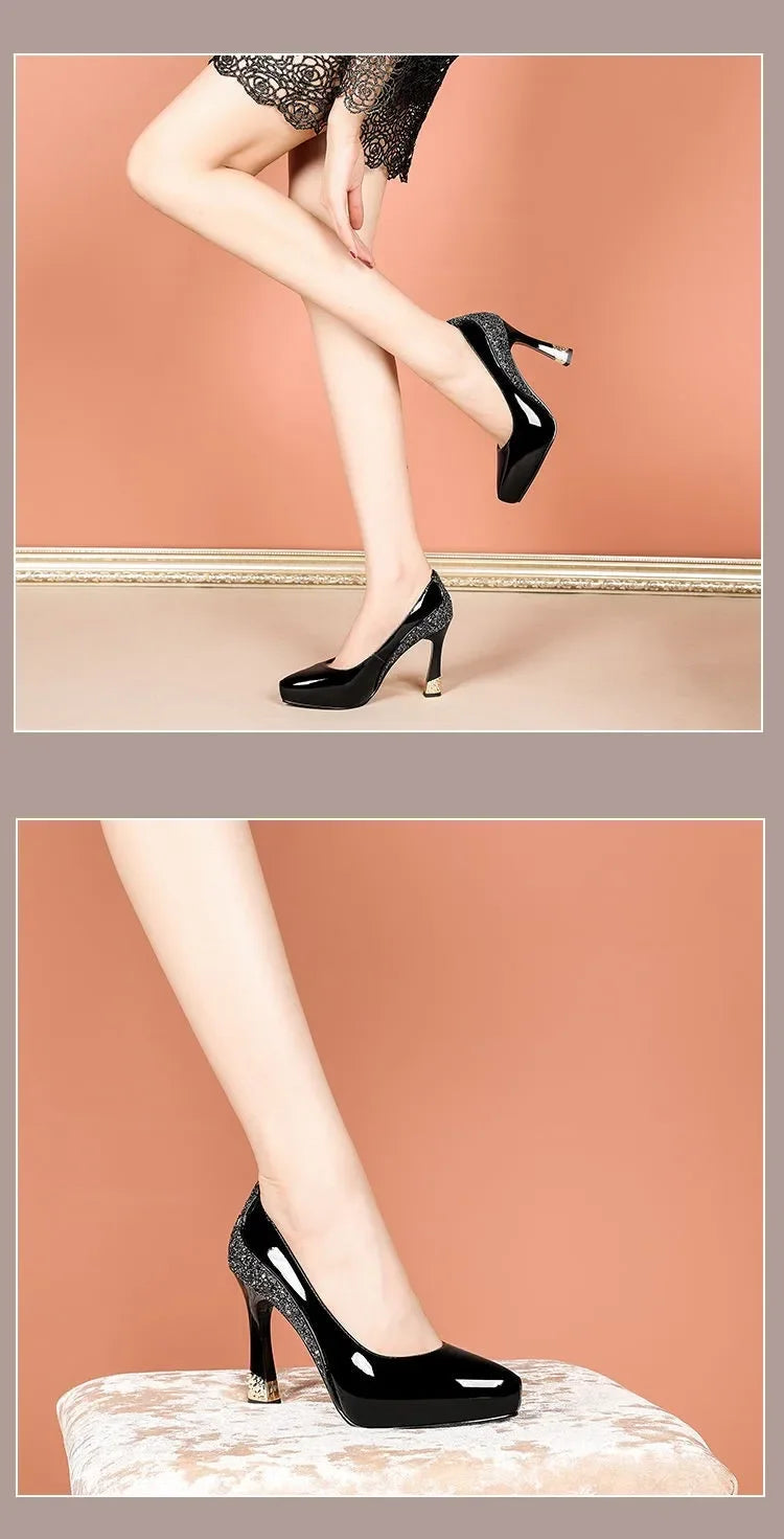 2025 Spring New Pointed Shallow Patent Leather High Heels Fashion Elegant Shoes for Women Thin Heel Platform Work Pumps Zapatos