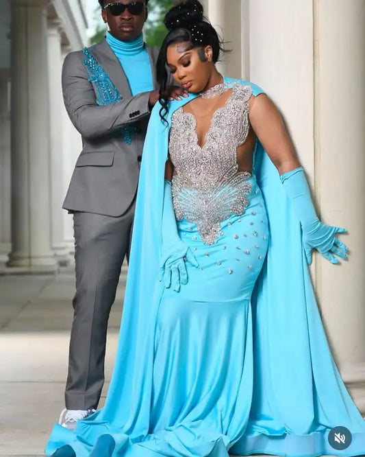 African Sheer Neck Applique Lace Evening Dresses 2025 Fashion Peacock Blue Prom Gown Bridal Wedding Party Dress Zipper Back