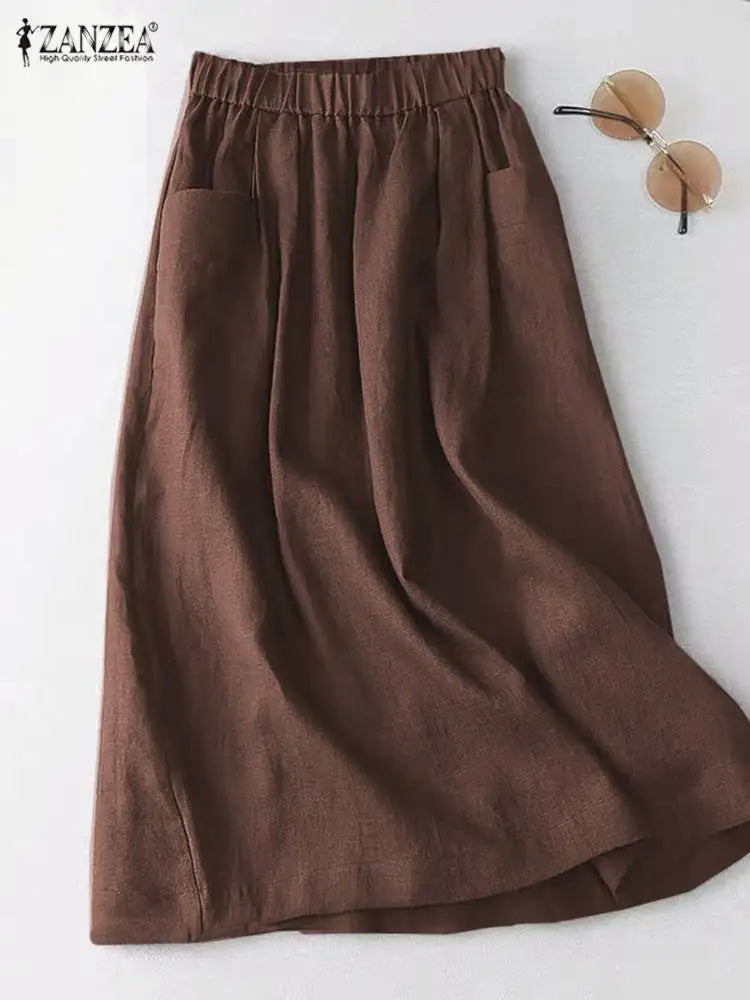 ZANZEA Women A Line Cotton Skirt Elastic Waist Midi Skirt Solid 2024 Summer Korean Side Pockets Falda Saias Casual Holiday Jupe