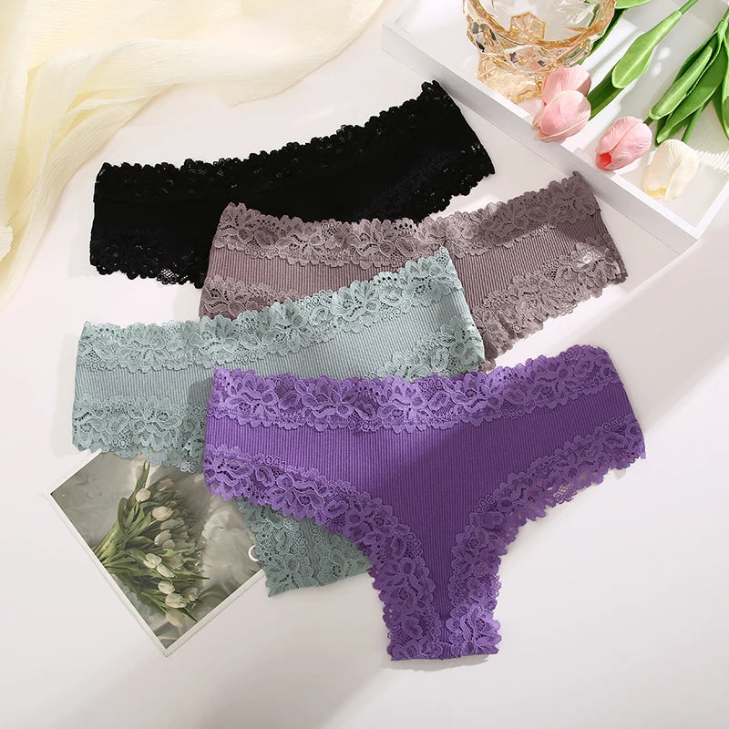 Lace Seamless Brazilian Panties Ribbed Cotton Low Waist Women's Panties Breathable Girls Underwear Plus Size Lingerie S-XL
