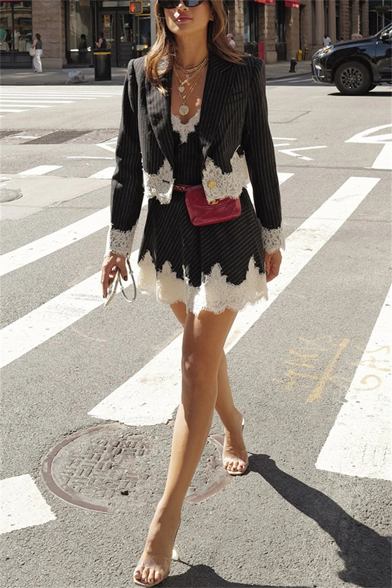 Fashion Striped 2 Piece Sets Women Outfit Spring Clothing Women Lace Patchwork Blazer V-Neck Mini Dress Sets Two Piece Woman Set
