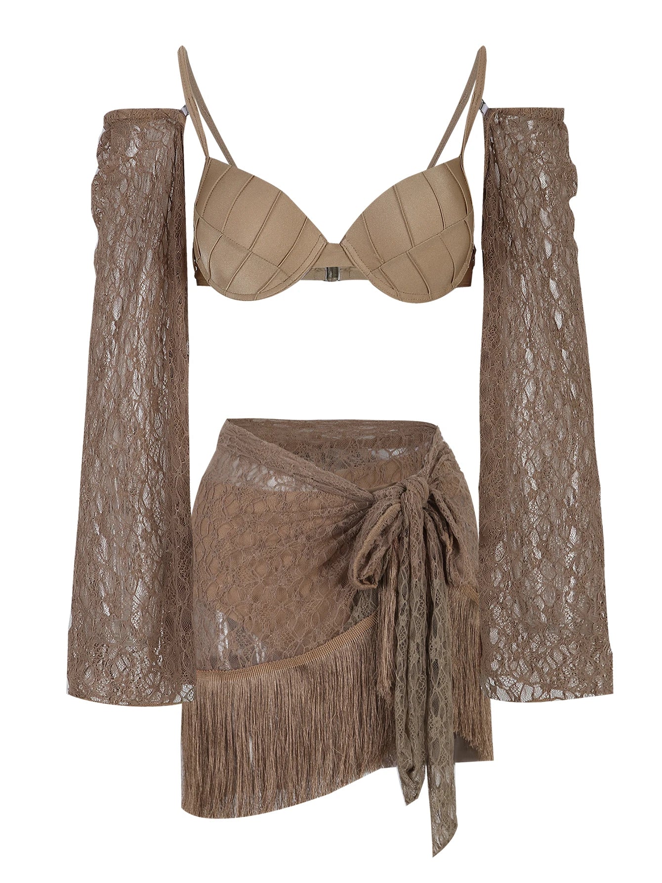 Sexy 3Pieces Push Up Bikini Set Women Swimsuit High Waist Perspective Tassel Skirt Beach Outing Bathing 2024 Feminine Swimwear