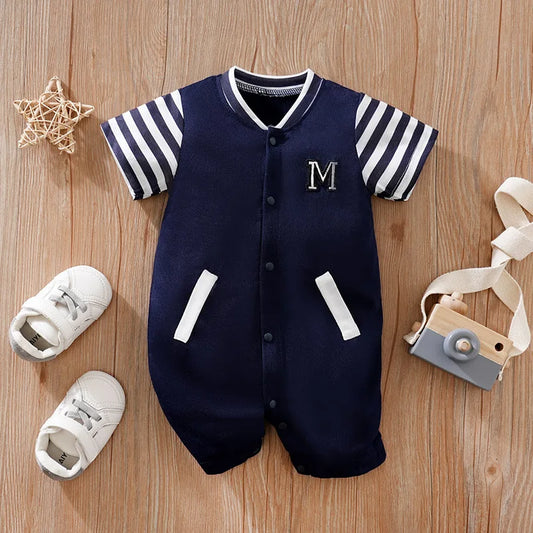 Newborn Baseball-Style Romper, Navy Blue Striped Giraffe Letter Design, Baby Long-Sleeve / Short-Sleeve Casual Jumpsuit