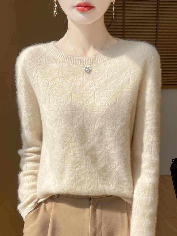 Women 100% Merino Wool Sweater Casual Hollow out Cashmere Blouse O-neck Pullover Tops Autumn Winter Warm Knit Woman Wool Sweater
