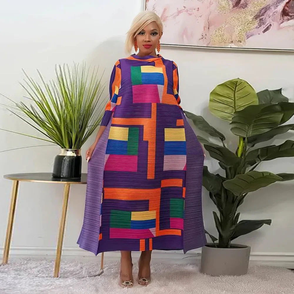 African Dresses for Women Summer Fashion Style African 3/4 Sleeve Polyester O-neck Pleated Dress Dashiki African Clothes Women