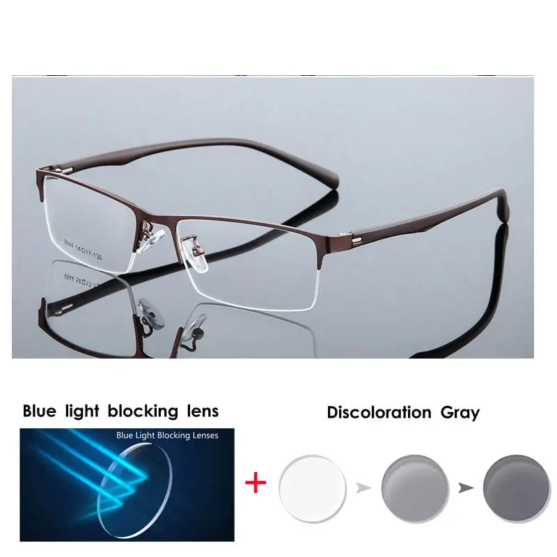 VCKA Half Frame Men Business Myopia Prescription Glasses Alloy Photochromic Anti Blue Ray Shortsighted Eyewear -0.5 TO -10 BAZAARHUBO
