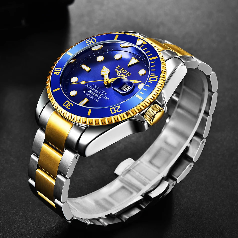 LIGE Top Original Men Quartz Watches Blue Waterproof Watch for Men Stainless Steel Quartz Men Luxury Watch Luminous Wristwatch