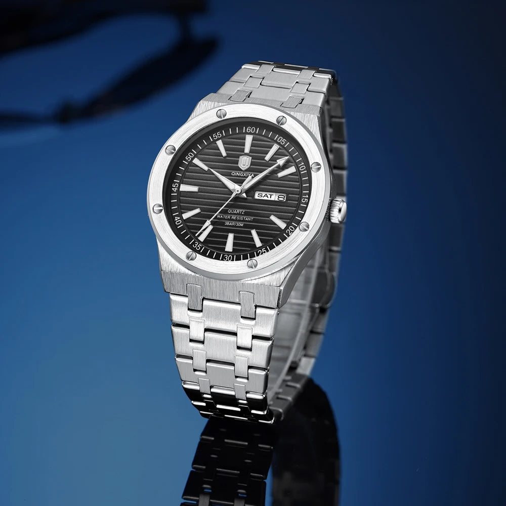 QINGXIYA New Mens Quartz Watches Top Brand Luxury Week Date Man Wristwatch Stainless Steel Waterproof Luminous Sports Men Watch