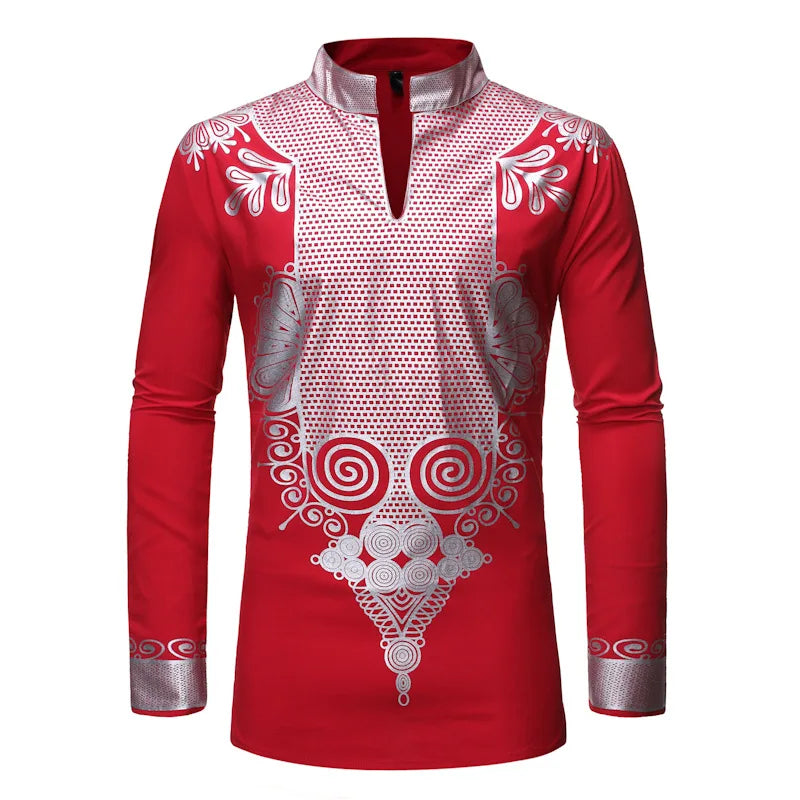 Men's Shirts Fashion Long Sleeve African Turkish Chieftain Print Robe Male Casual Blouses Traditional Ethnic Style Muslim Shirts