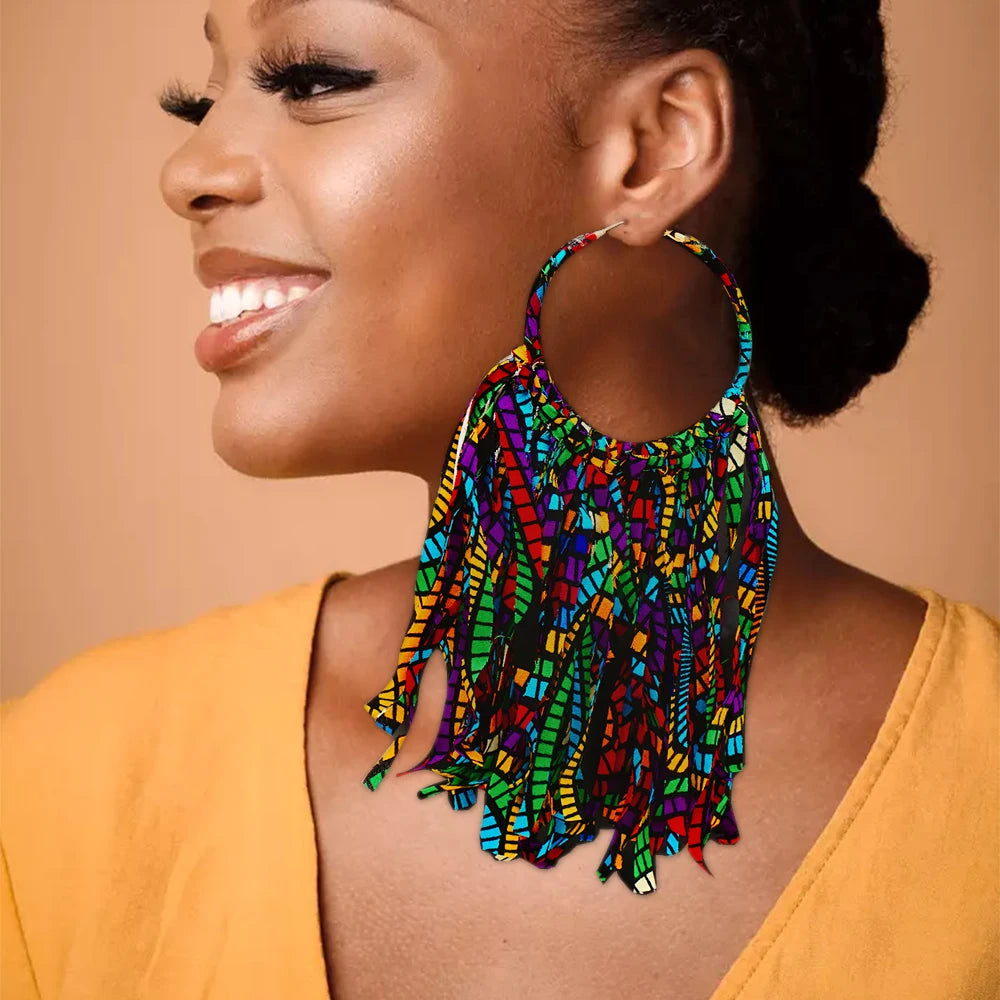 African Fabric Earrings Handmade Drop Tassels Earrings For Women Ethnic African Print Ankara Big Oversized Earings Daily Wear