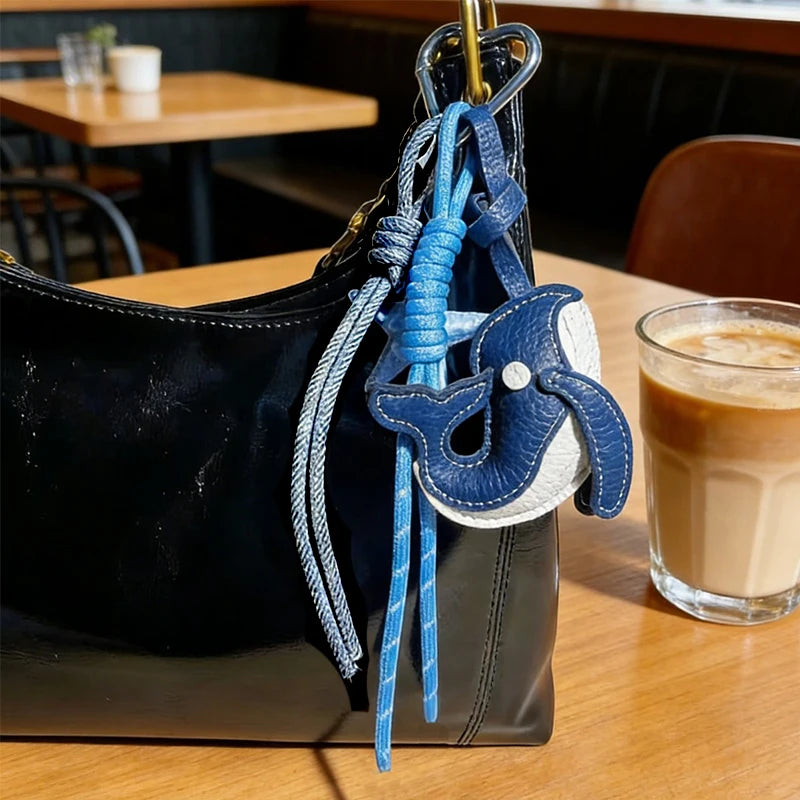 Exquisite Blue Whale Pendant Keychain,Cartoon Cute Starfish Whale Woven Rope Charm Car Bag Decoration Creative Gift