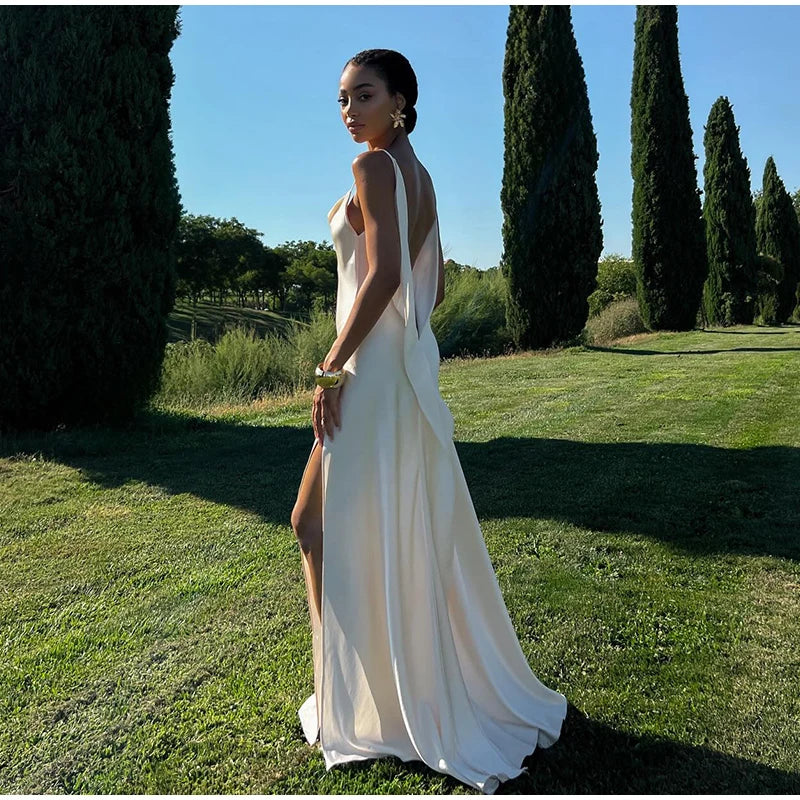 Sexy Backless Satin Women's Summer Dress V-neck Sleeveless Backless Slit Beach Sling Sundress 2026 Lady Chic Evening Party Robes