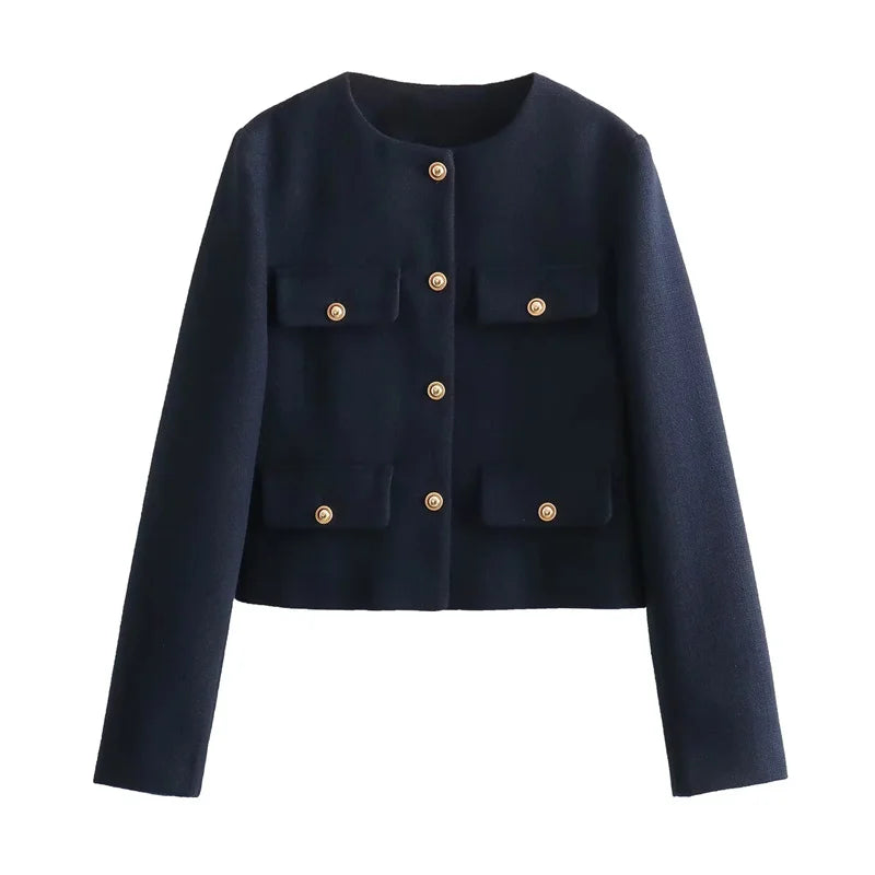 MUJER Tweed Cropped Jacket Woman Long Sleeve Vintage Jacket Woman Fashion Button Elegant Jackets For Women New In Short Coats