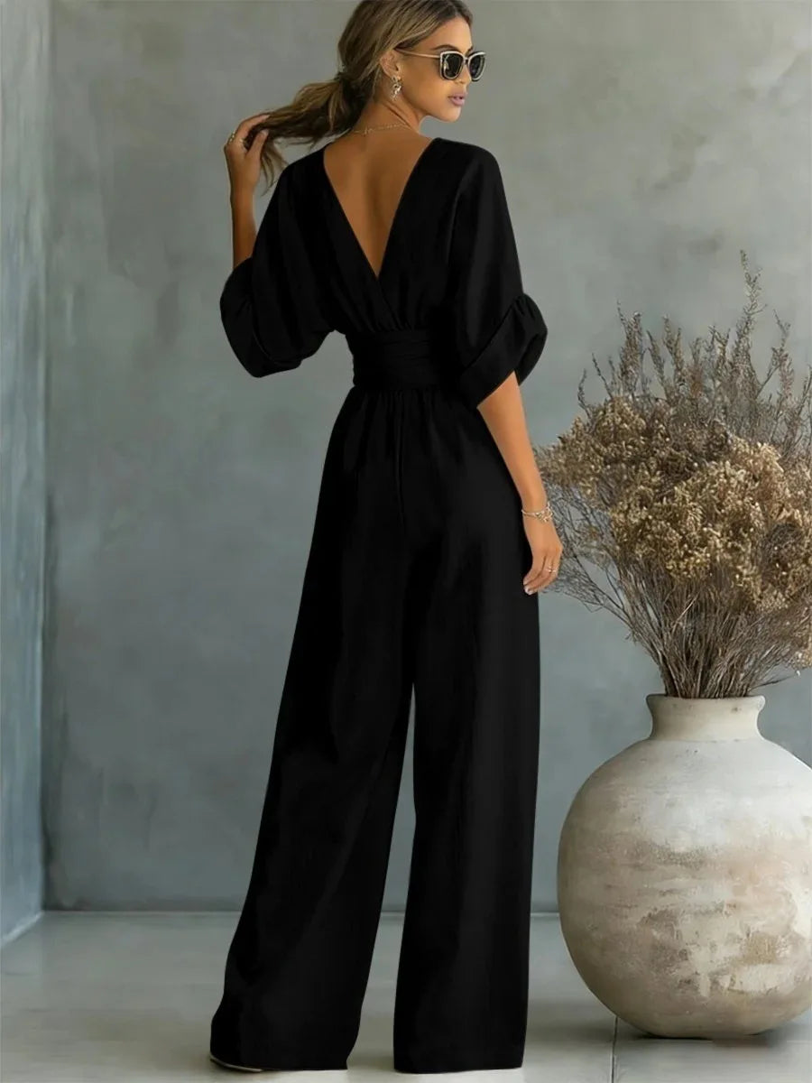 Women's Jumpsuit Fashion High Waist V-neck Casual Jumpsuits Sexy  Solid Color Office Wide Leg Trousers Overalls Vacation Outfit