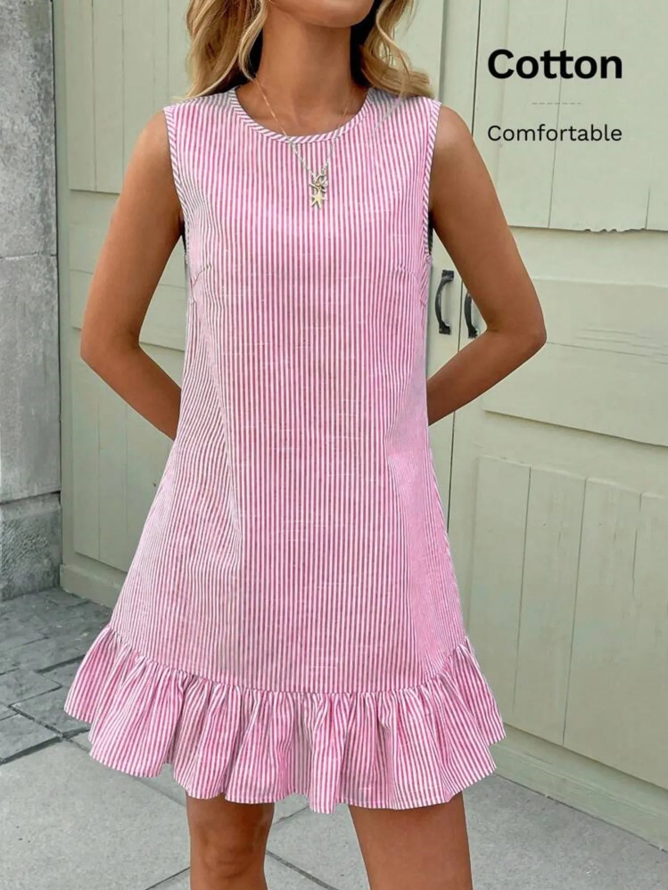 Casual Ruffle  Dress Striped Sleeveless City Commute Summer Fashion Ladies' H-Style Loose Fit round Neckline Polyester
