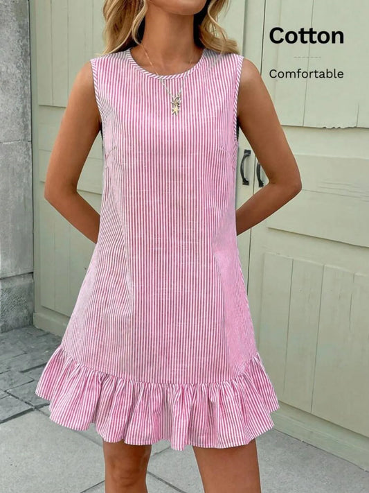 Casual Ruffle  Dress Striped Sleeveless City Commute Summer Fashion Ladies' H-Style Loose Fit round Neckline Polyester