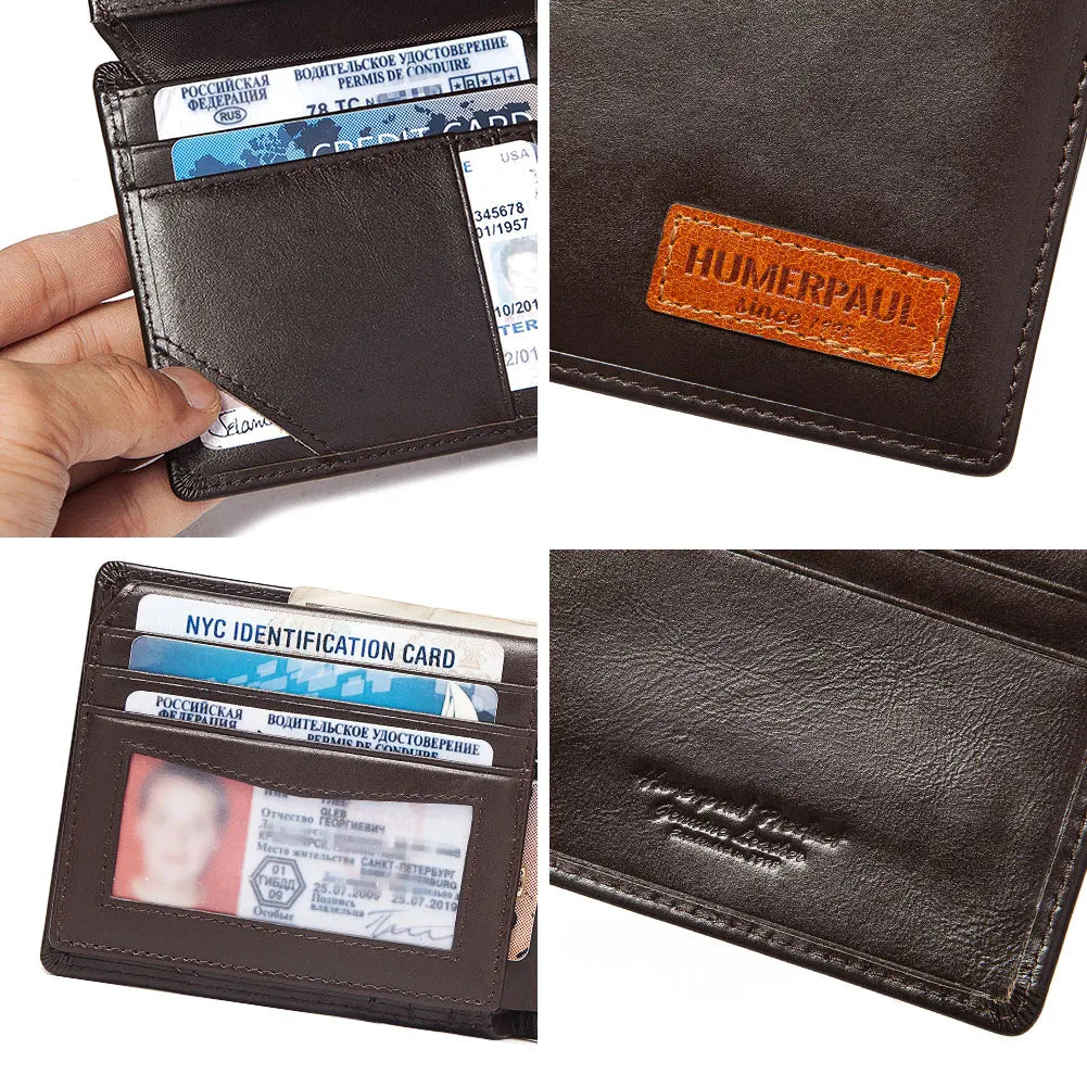 HUMERPAUL Airtag Wallet For Men Real Leather RFID Trifold Card Holder Case with ID Window Slim Anti-lost Purse