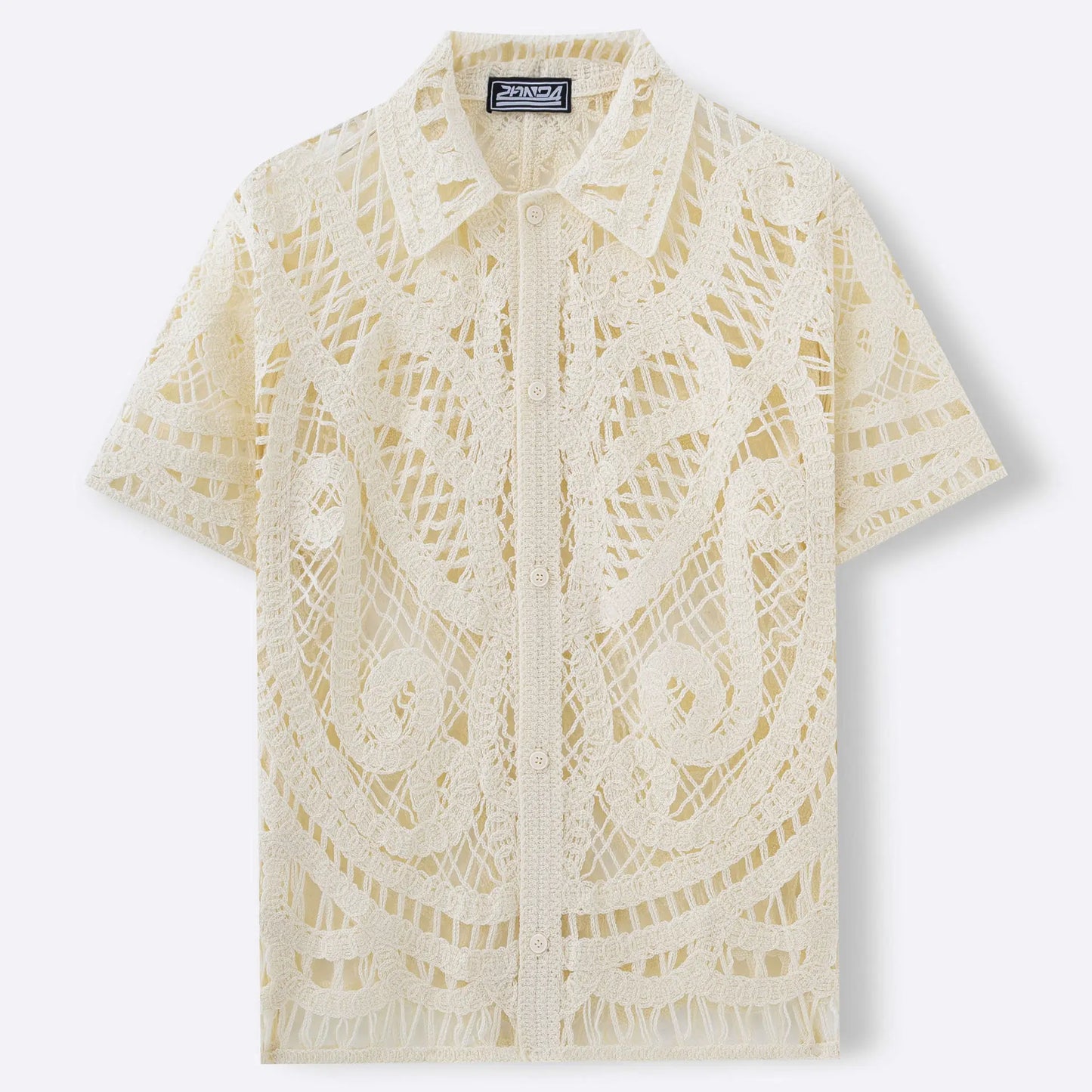 Men's Sexy Mesh Crochet Open Front Polo Shirt Short Sleeve Summer Fashion Shirts Breathable Knitted Top Beach Club Costume