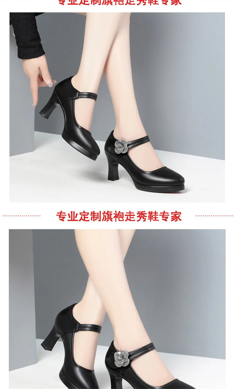 Women's Pumps Pointed Toe Office Soft Leather Flower Buckle Strap Platform High Heels Four Season Shallow Mouth Single Shoes