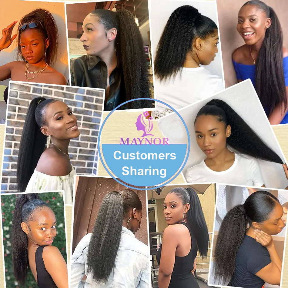 Drawstring Ponytail 100% Human Hair Kinky Straight Ponytail Remy Brazilian Hair Extensions Clip Ins Natural Color Ponytail