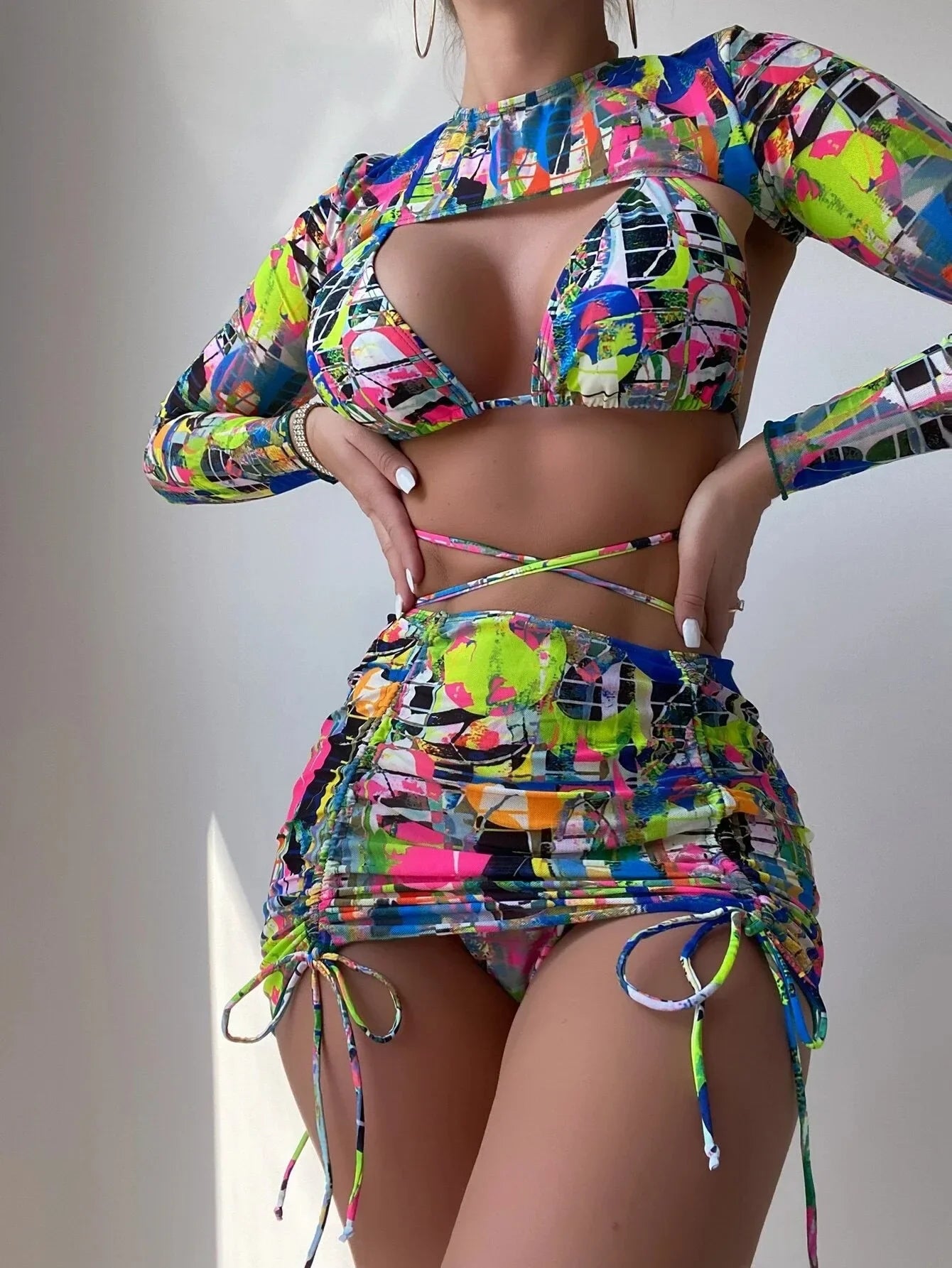 Sexy Printed 4 Piece Bikinis Women Push Up Swimwear With Wrap Long Sleeve Skirt Swimsuit Bathing Suit Beach Wear Female