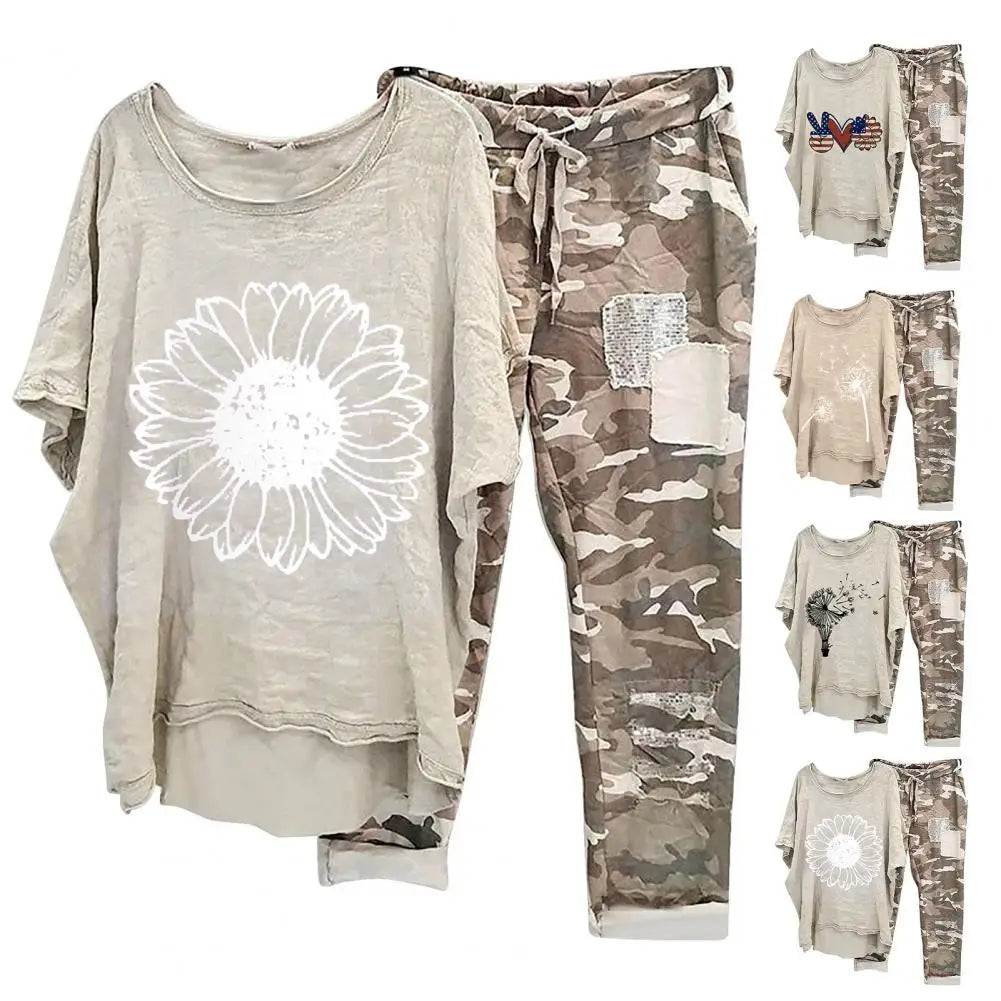 Trendy Women T-shirt Pants Set Half Sleeves Two Piece Suit Women Summer Outfit Plus Size Elastic Waist Sports Outfit