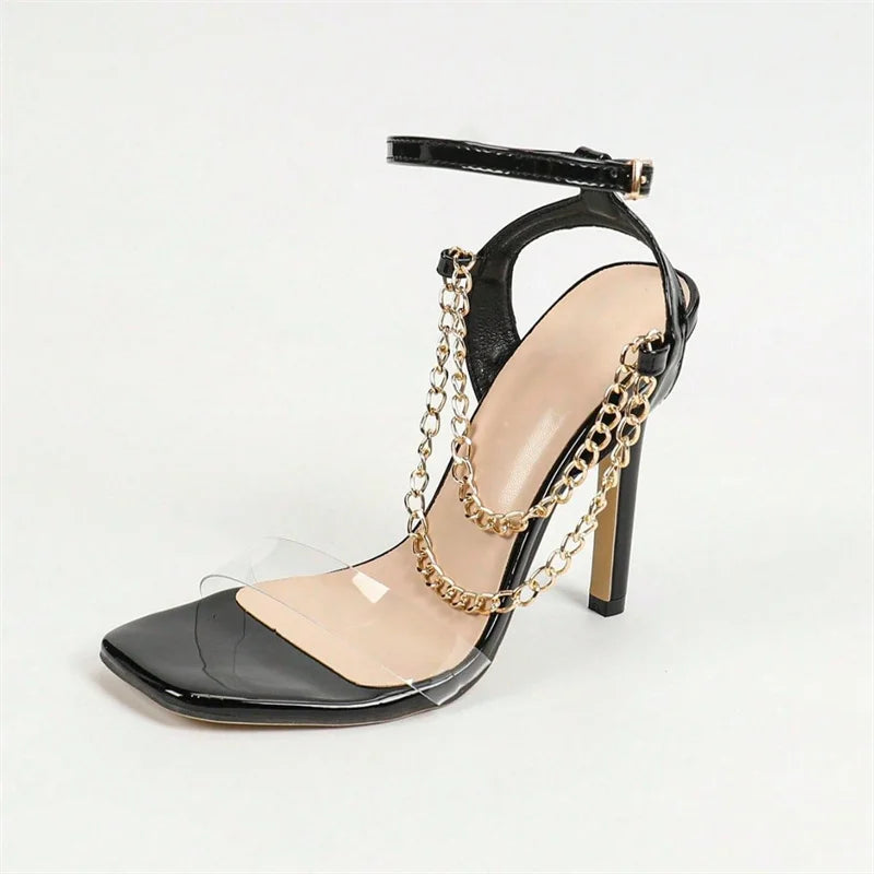 Liyke PVC Transparent Sandals For Women Summer 2026 Fashion Square Toe Metal Chain Designer High Heels Shoes Ladies Sandalias