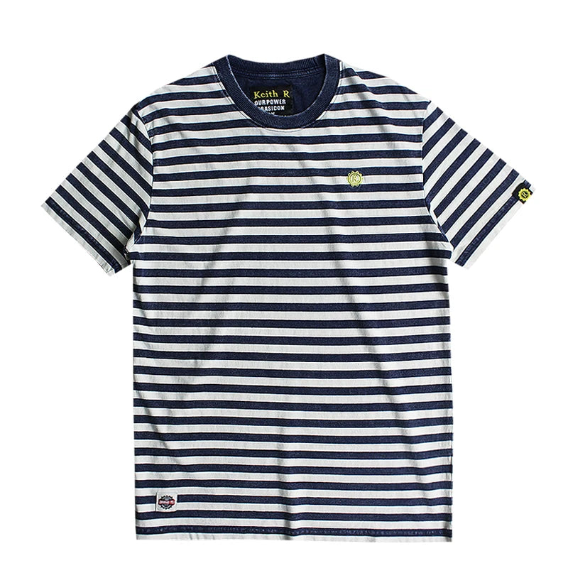 Striped T-shirt Men's Short Sleeve New Pure Cotton Slim Trend Simple Joker Round Neck Old Washed Short Sleeve T-shirt