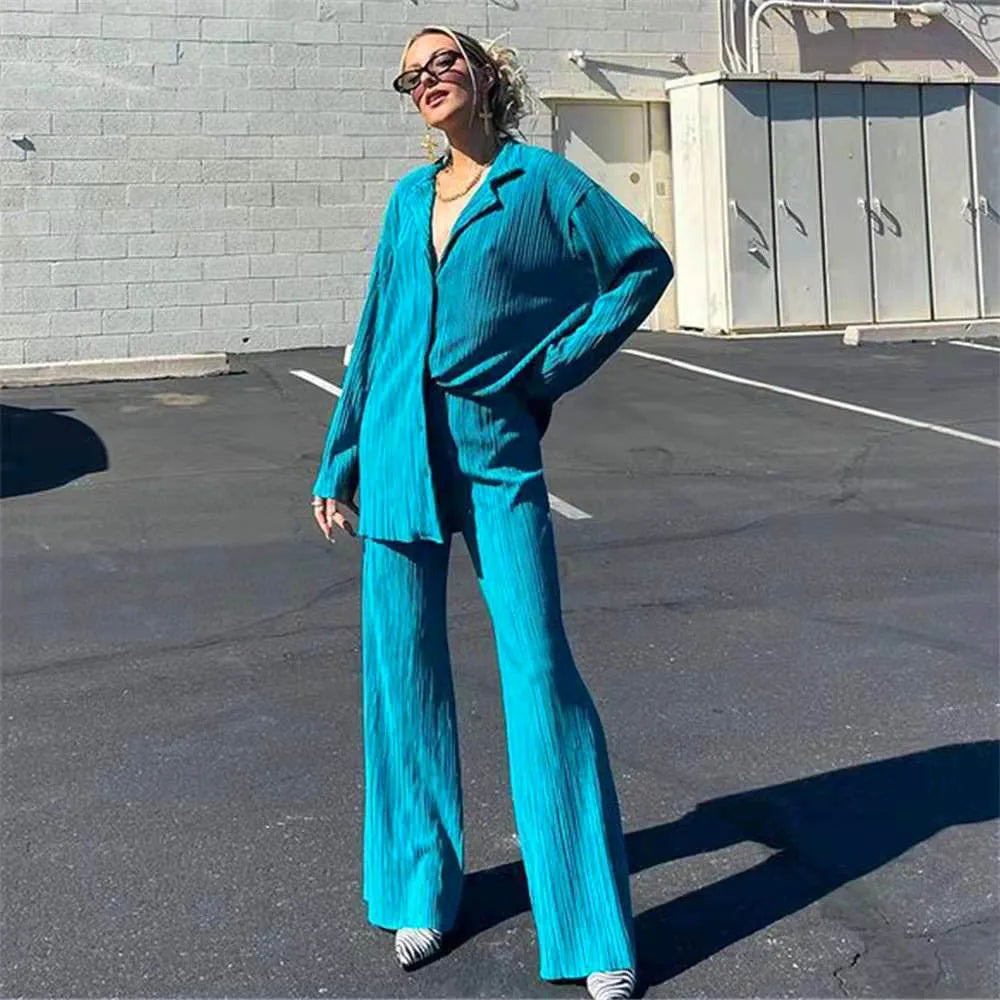 New Two Piece Set Women Outfits Pleated Women's Elegant  Drape Loose Sets Shirt High Waist Trousers Female Suit Fashion Casual