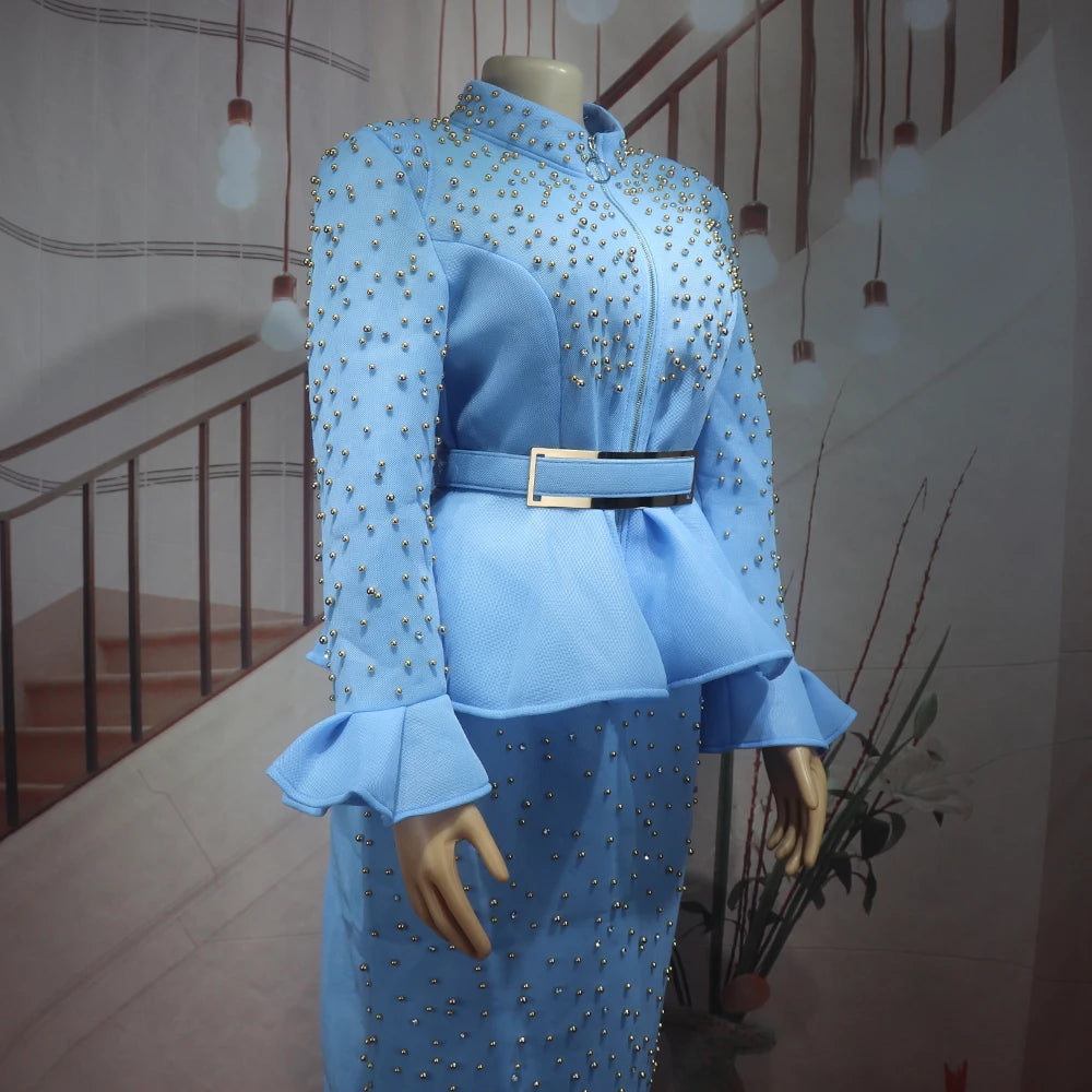 Fashion Suit African Dresses for Woman Rhinestone Turkey Dresses for Women Luxury High Quality Mesh Fabric African Beaded Dress
