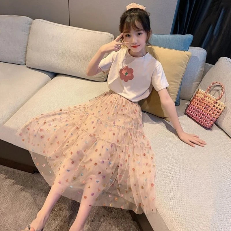 2026 Fashion Girls Dress Summer Kids T-shirt + Dress 2PCS School Casual Children Short Sleeve Dresses for Girl Teen 8 10 12 Year