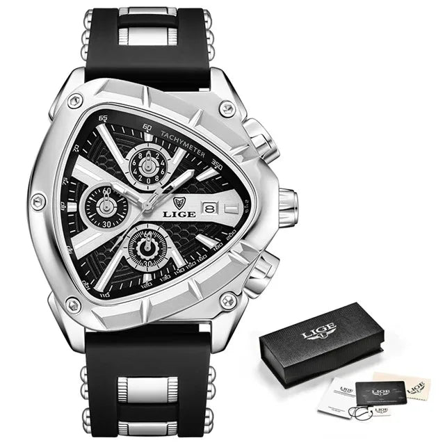 LIGE Sports Triangle Mens Watches Luminous Pointers Fashion Rubber Strap Military Irregular Quartz Wristwatch Waterproof  Watch