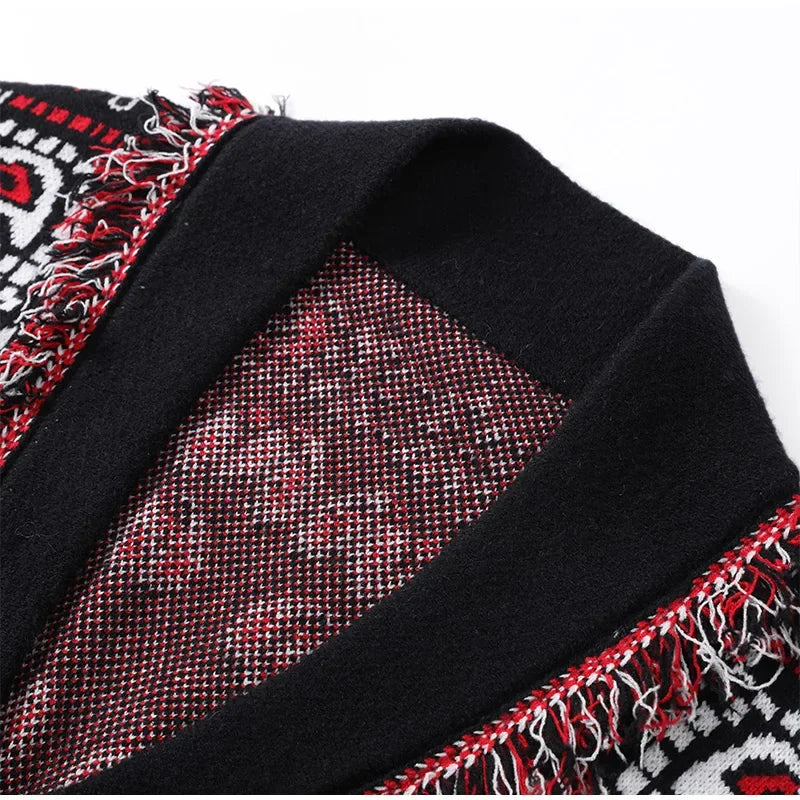 2026 Spring Tassel Knitted Jacquard Women's Cardigans Loose Patchwork V-neck Long Sleeve Thick Warm Sweater Lady New Knitwear