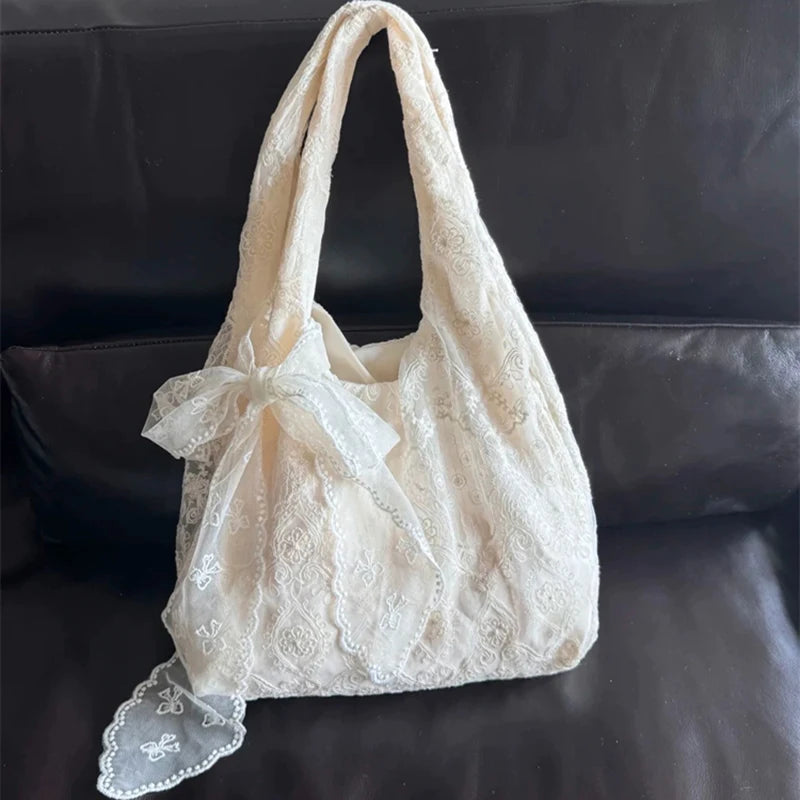 Korean Style Fresh Lace Flower Canvas Tote Bag Women's Large Capacity Single Shoulder Commuter Armpit Bag College Style