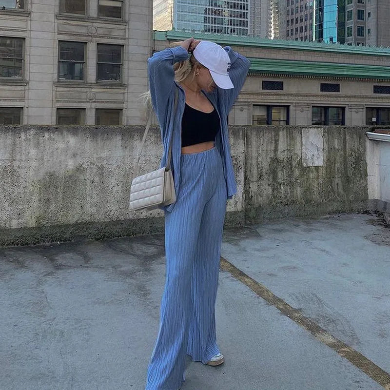 New Two Piece Set Women Outfits Pleated Women's Elegant  Drape Loose Sets Shirt High Waist Trousers Female Suit Fashion Casual