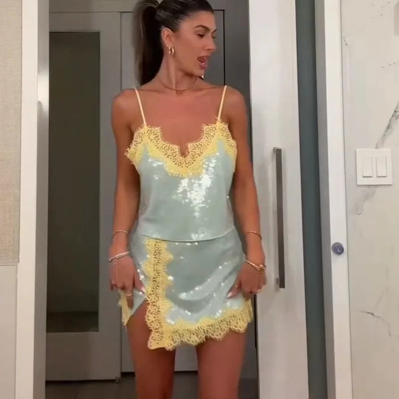 Beach Sequin Women's Dress Y2k Sexy Lace Spliced See Through Strap Mini Summer Dresses New Vacation Casual Party Robe 2026