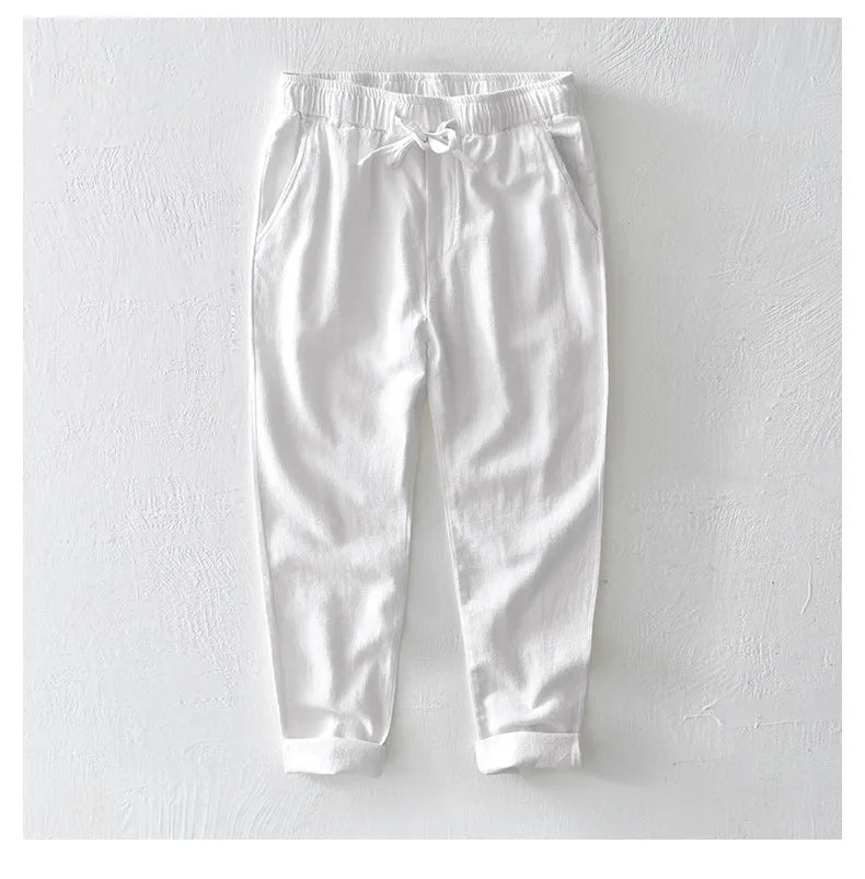 70% Linen,30% Cotton Men's Drawstring Elastic Waist Casual Pants, Straight Loose Ramie Trousers, Camping Fishing Comfortable