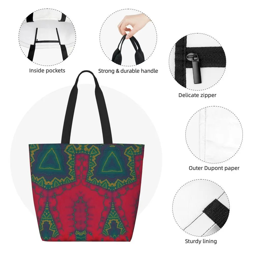 African Ankara Prints Grocery Shopping Tote Bags Women Geometric Ethnic Art Canvas Shoulder Shopper Bags Big Capacity Handbag
