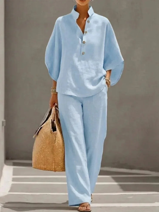Fashion Cotton Linen Pant Set Women's Matching Sets Casual Stand Collar Button Top Wide Leg 2-piece Set Retro Female Office Suit