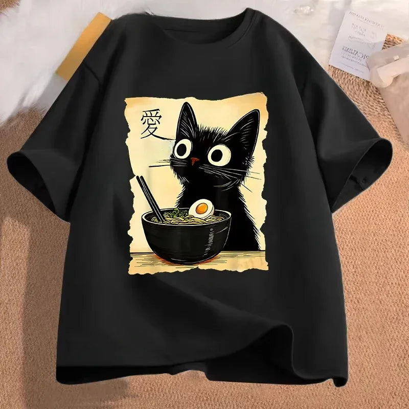 Funny Cat Ramen Graphic Tee Japanese Kawaii Anime Cat T-Shirt Fashion T-shirts Short Sleeve Clothes Trend Casual Unisex Tshirts