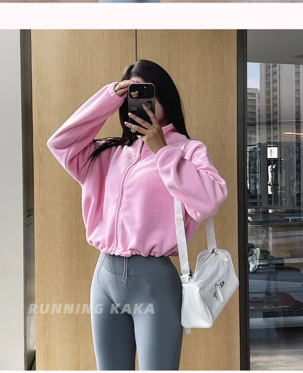 Women Loose Cropped Jacket Loose Zipper Sweatshirt Y2k Long Sleeve Coat Cardigan Sportswear Streetwear Drawstring Tops Clothing