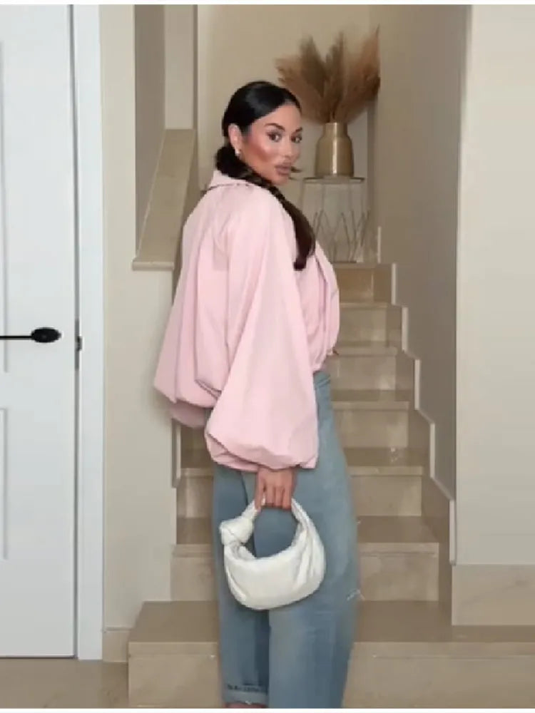 Women's Pink Puff Sleeve Pleated Bomber Jacket Casual Sweet Irregular High Waist Zipper Loose Crop Coat Daily Commute Outerwear