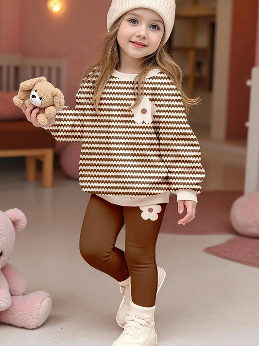 Kids Girls 2-Piece Casual Set, Brown & White Wavy Striped Flower Print Sweatshirt + Solid Brown Leggings Loungewear Outfit