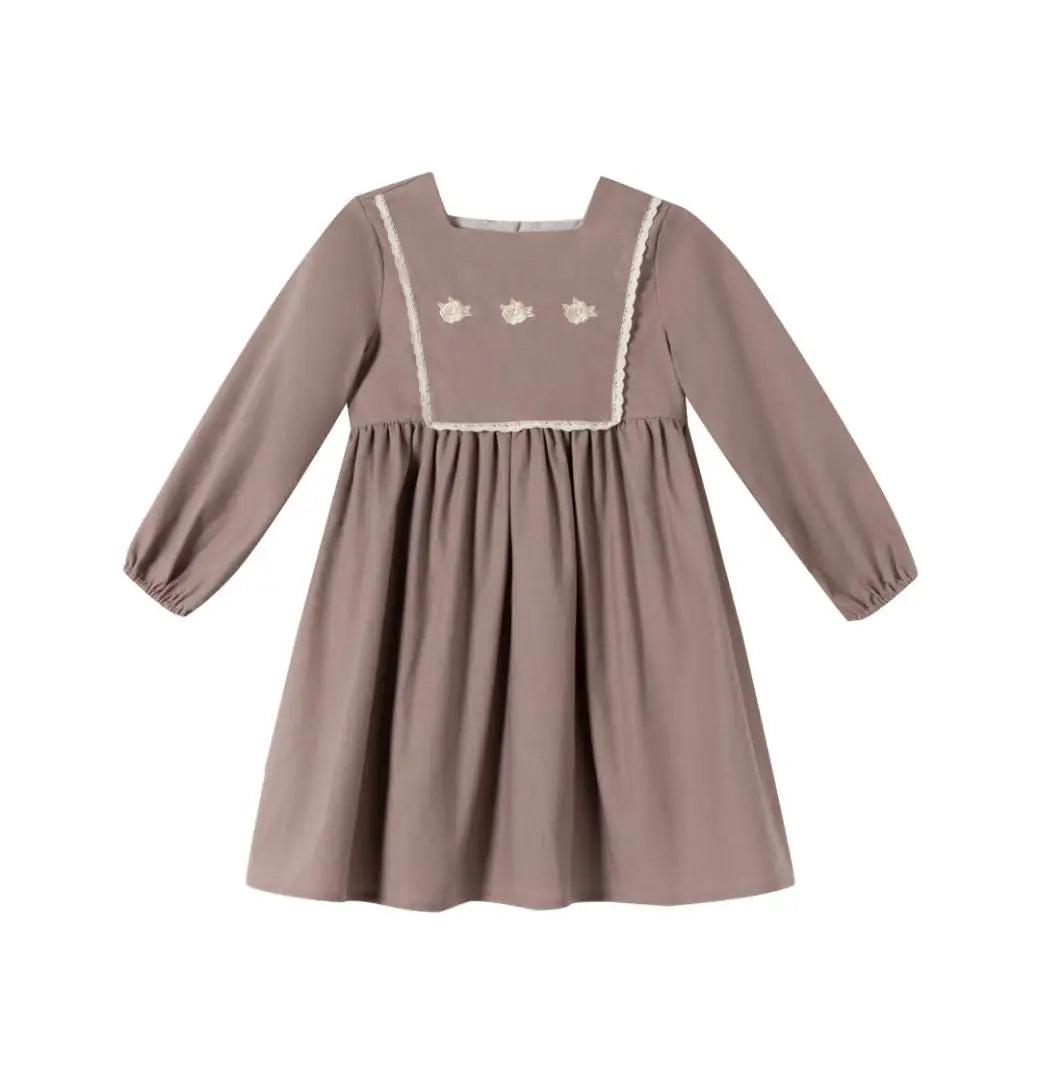 Kids Cotton Linen Clothes Sister Matching Outfits Flower Embroidery Dress With Lace Clothing For Autumn Spring