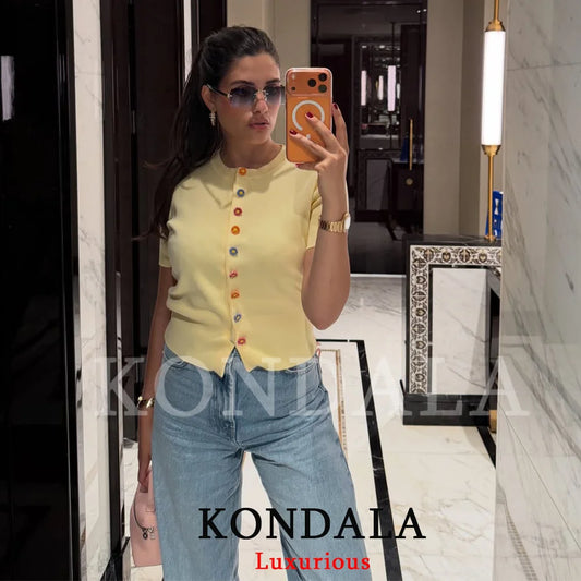 KONDALA Casual Butter Yellow Knit Cardigan Short Sleeve O Neck Flower Buttons Top Fashion 2026 Summer Holiday Women Knit Outwear