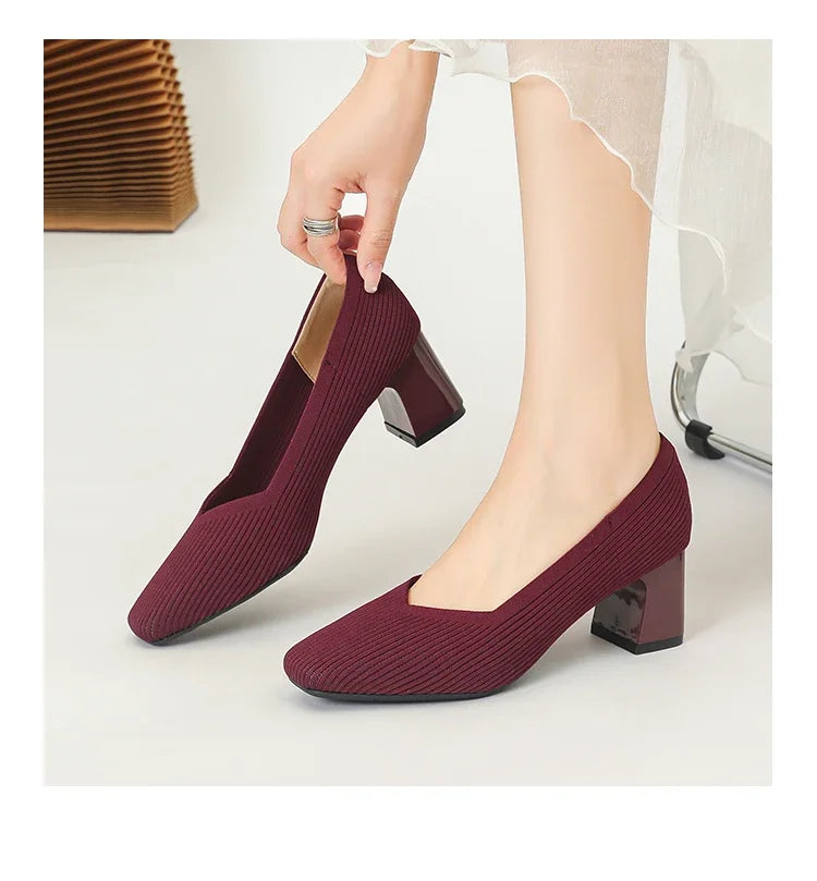 Shoes Woman High Heels Comfortable Square Knitted Breathable Comfortable Women's Flats Shoes (5cm High) 2025 New Collection