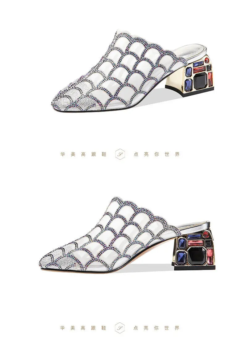 Crystal Half Slippers Female Thick Heels 2023 New Summer Fashion Outside Wear Medium Heel Mesh Cool Female Soft  Baotou Sandals