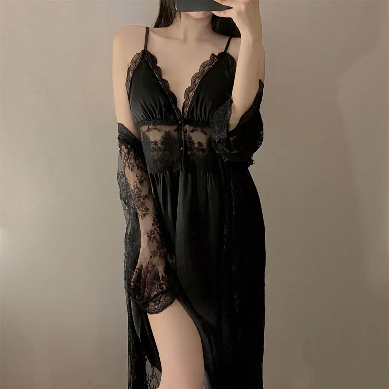 Sexy Two Piece Dress Set Spring Summer Sleepwear Lingerie Lace Sling Long Sleeve Nightdress Women Pijama Suit Ladies Nightgowns