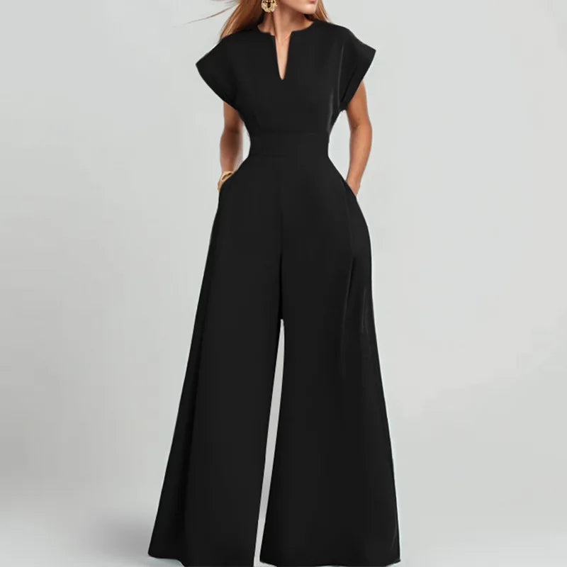 Elegant Solid Color V Neck Jumpsuit For Women High Waist Wide Leg Trousers With Pockets, Formal Office & Party Outfit