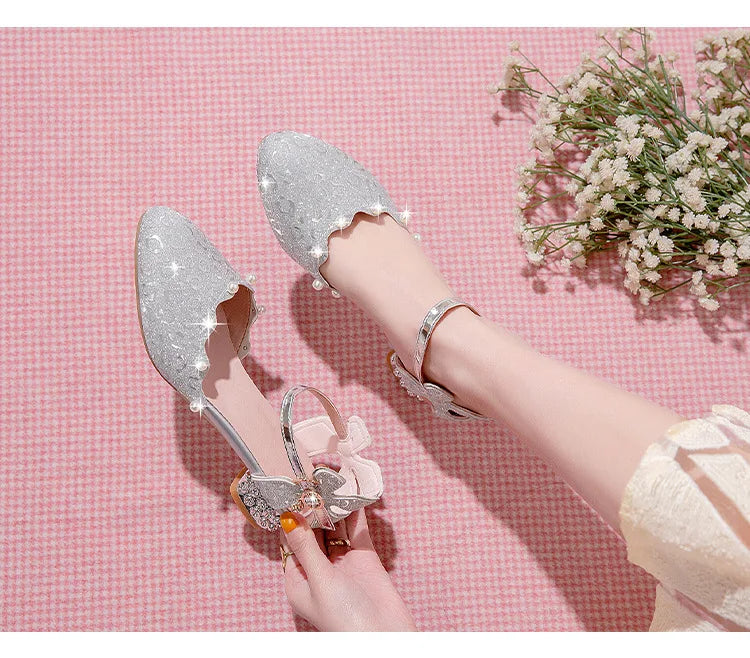 Princess Kids Leather Shoes Girls Sandal Sweet Pearl Casual Glitter Children High Heels Girls Party Dance Shoes Pink Gold Silver